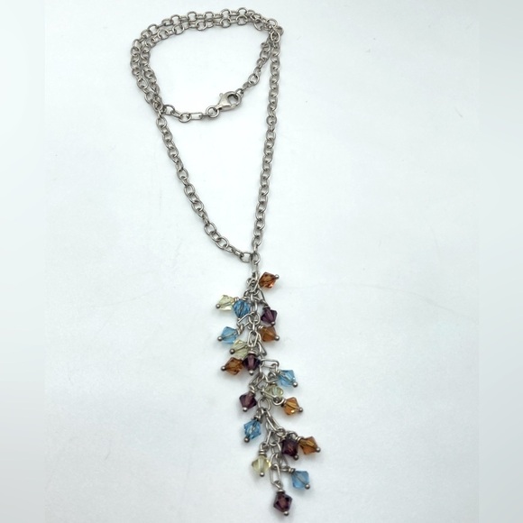 STERLING & Crystal Multi Colour Crystal Drop Necklace 16” w 3” Drop MHJ 925 - Picture 2 of 7